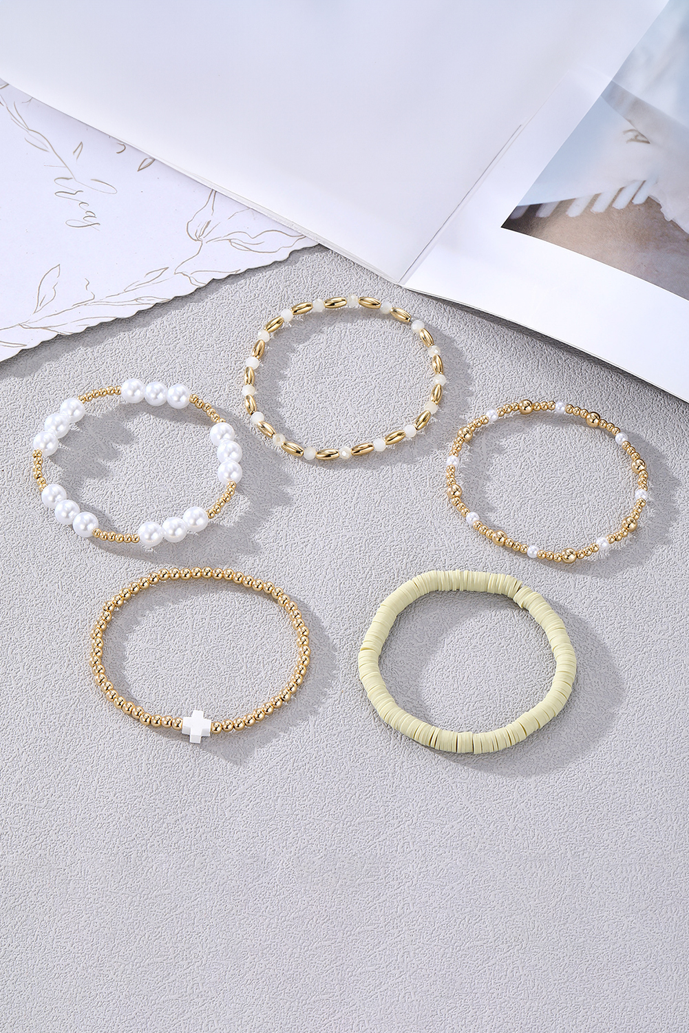 Gold Plated Beading Pearl Detail 5pcs Elastic Bracelet Set