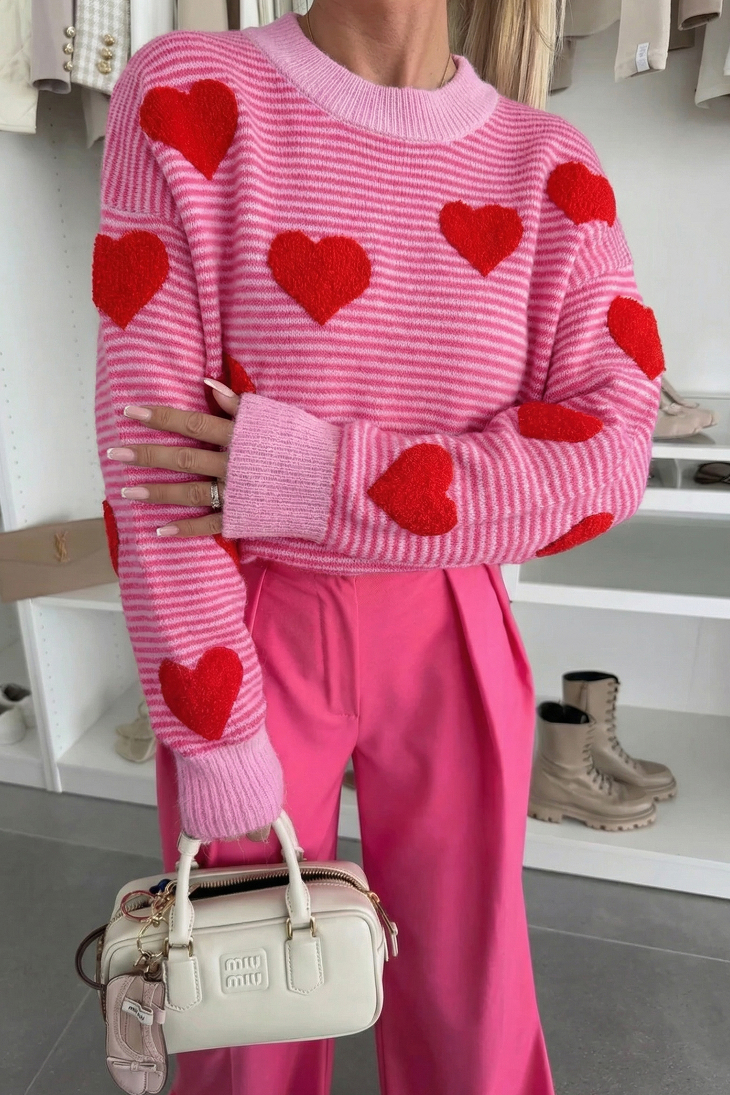 Gray Stripe Contrast Heart Pattern Valentine Knit Sweater