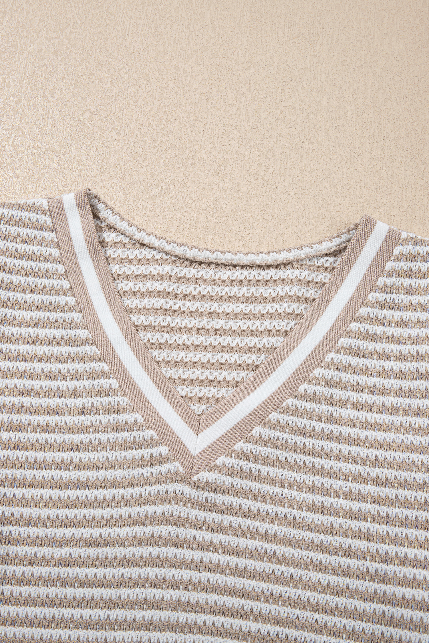 Beige Striped Textured Knit V Neck Casual Top
