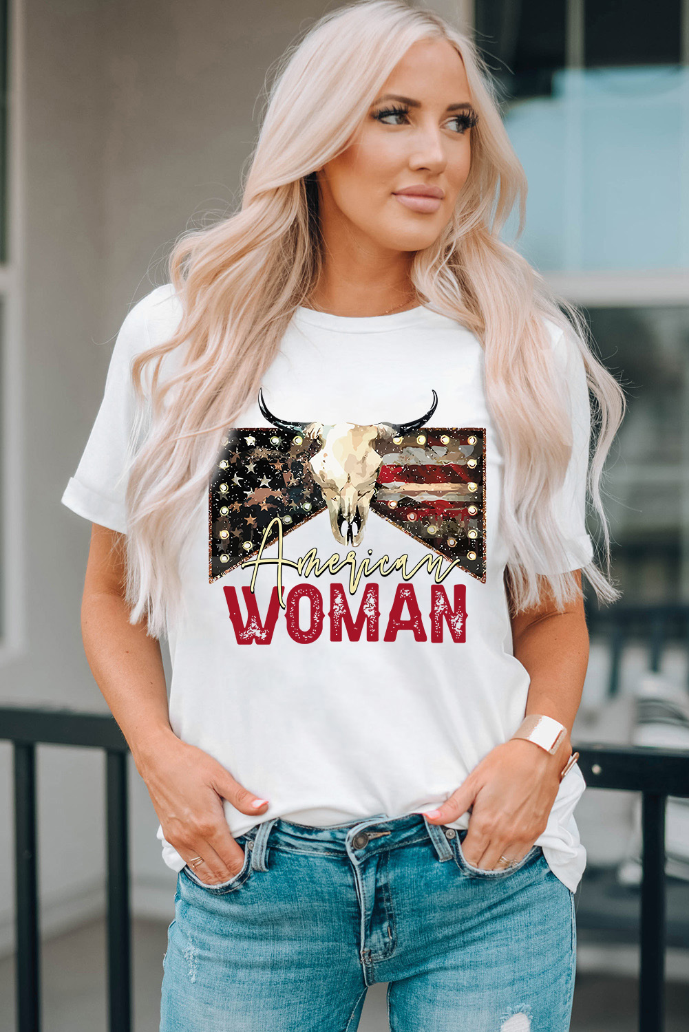White American Woman Bull Skull Graphic T Shirt