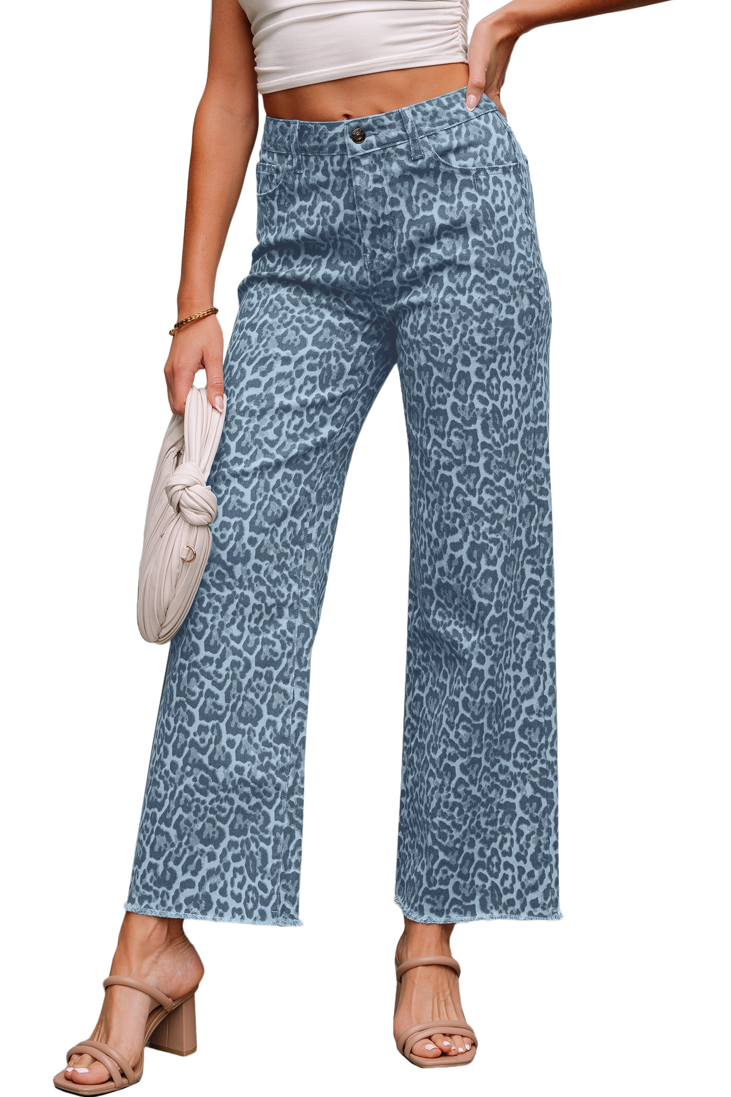 Rose Leopard Frayed Edge Wide Leg High Waist Jeans