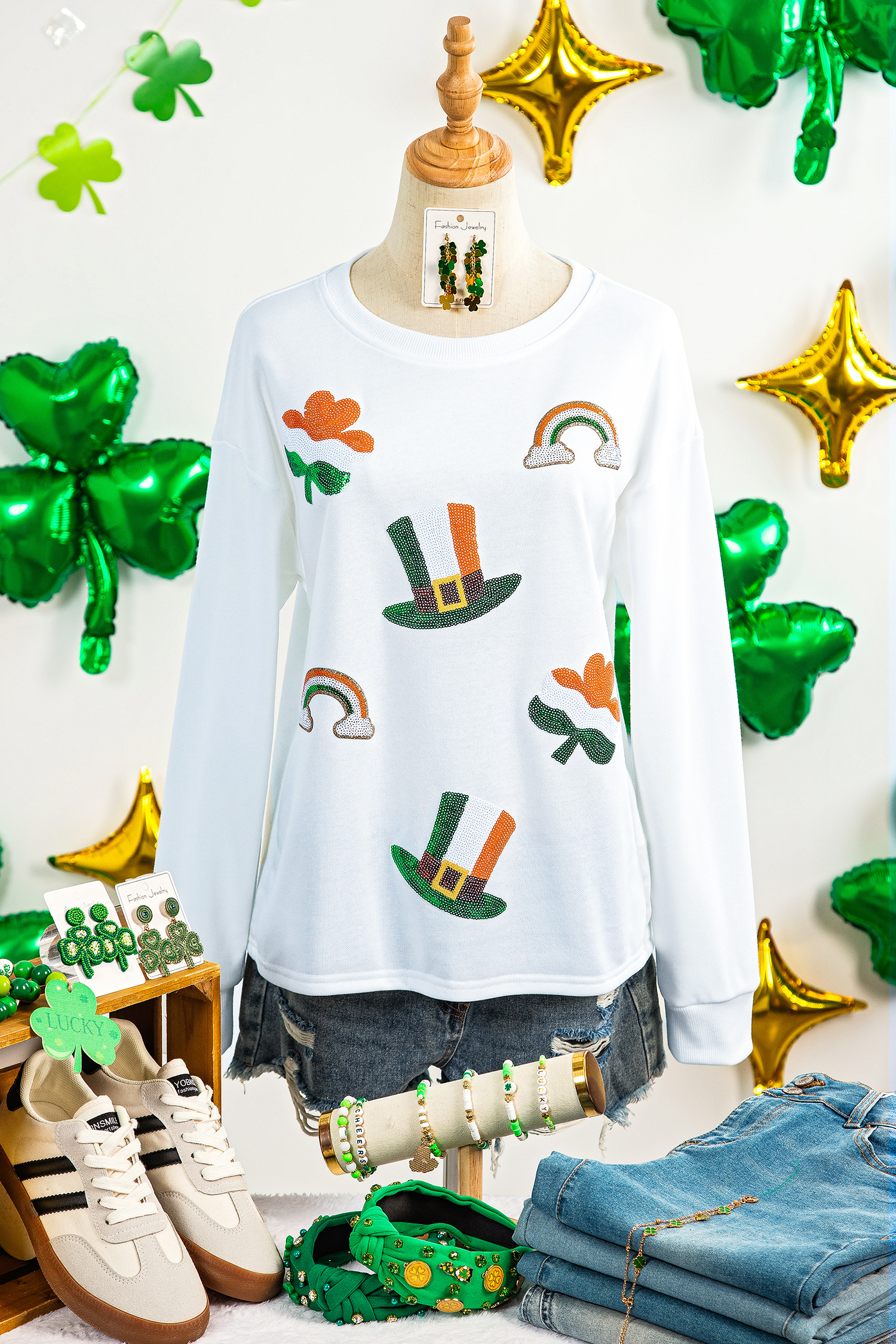 White LUCKY Clover Embroidered Long Sleeve Top