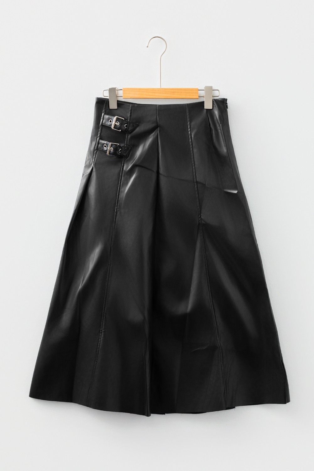 Black Faux Leather Retro Buckle Detail Pleated Stitch Flared Midi Skirt