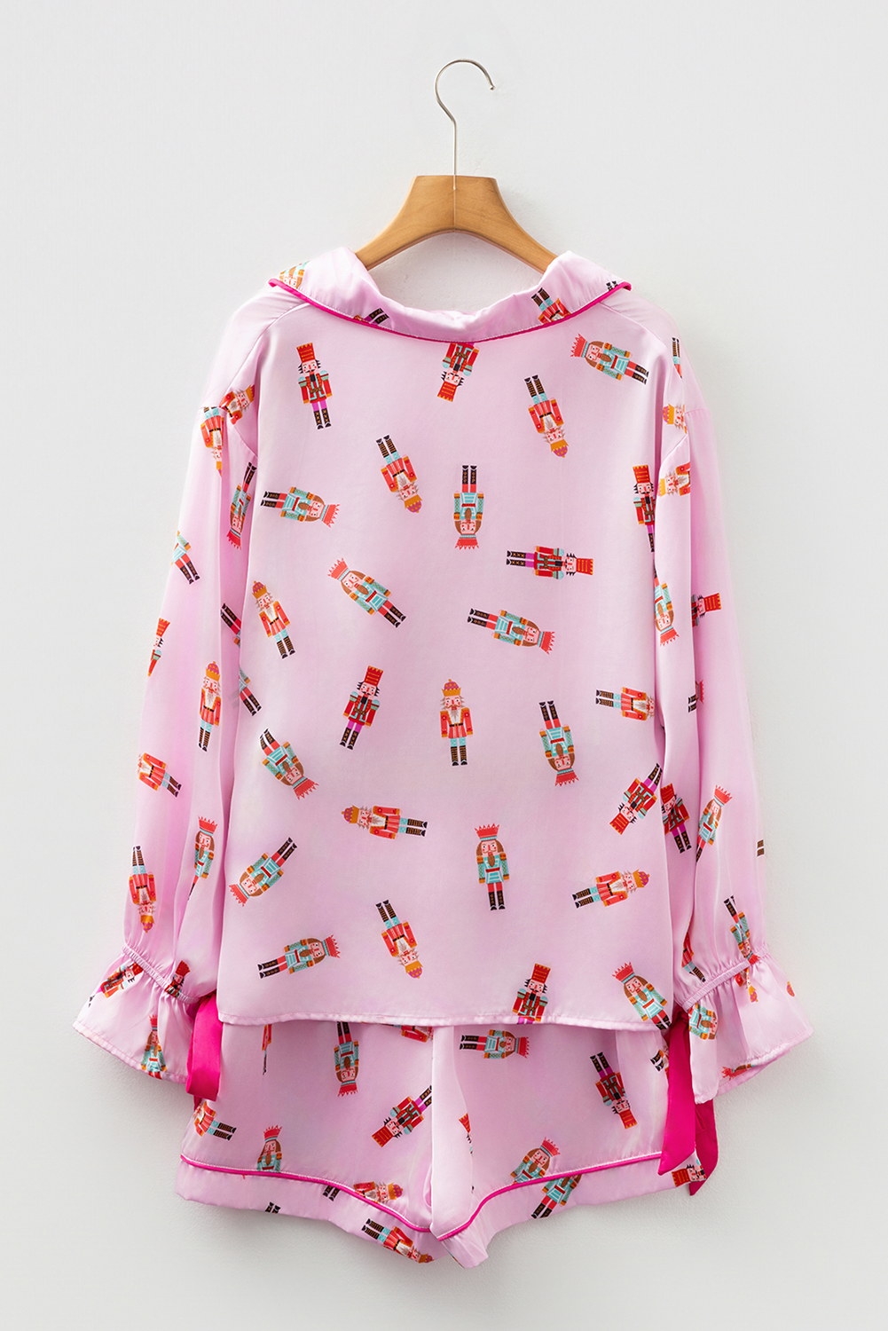 Pink Nutcracker Print Contrast Trim Tied up Bow Silky 2pcs Pajama Set