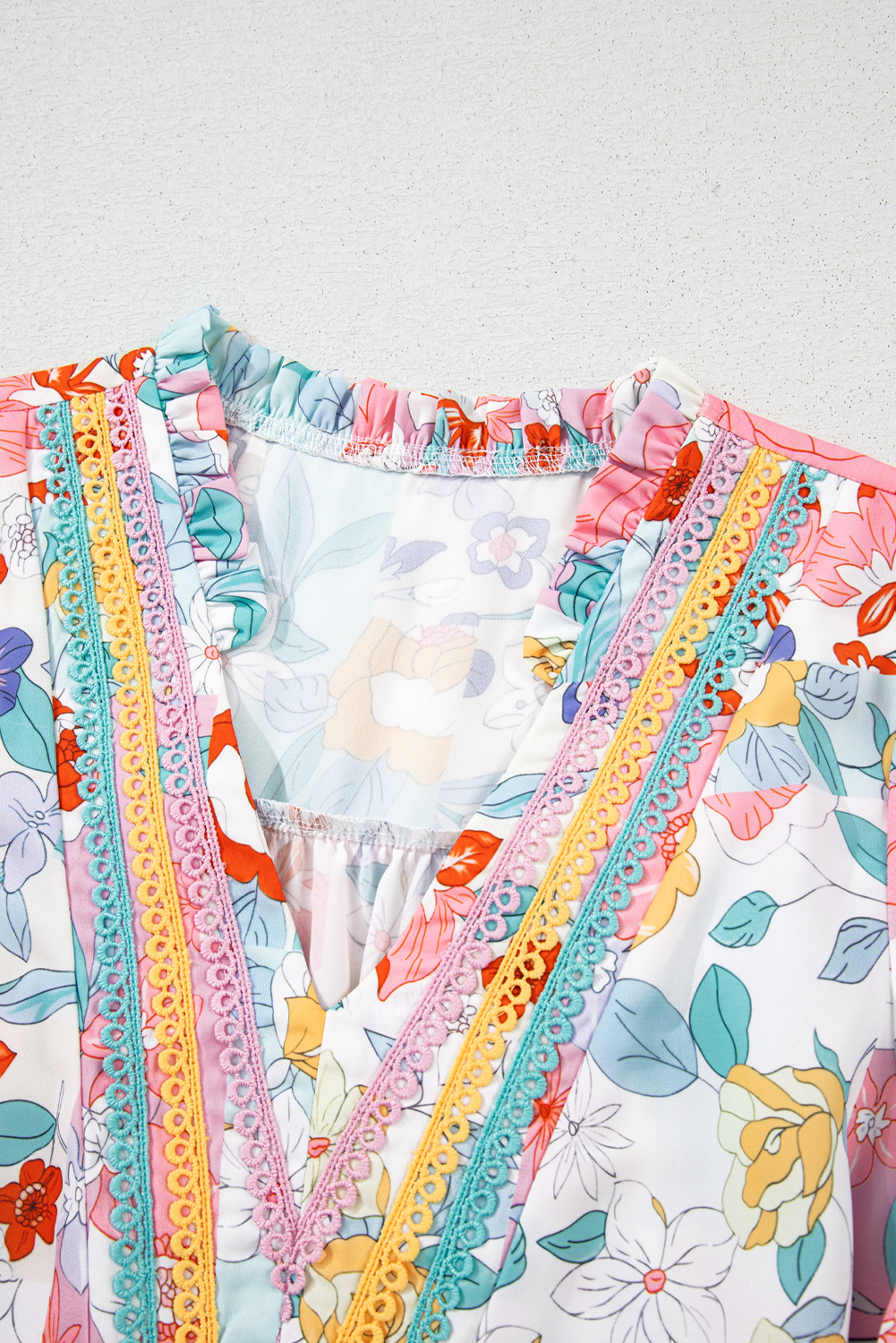 Pink Boho Flower Print Half Puff Sleeve Blouse