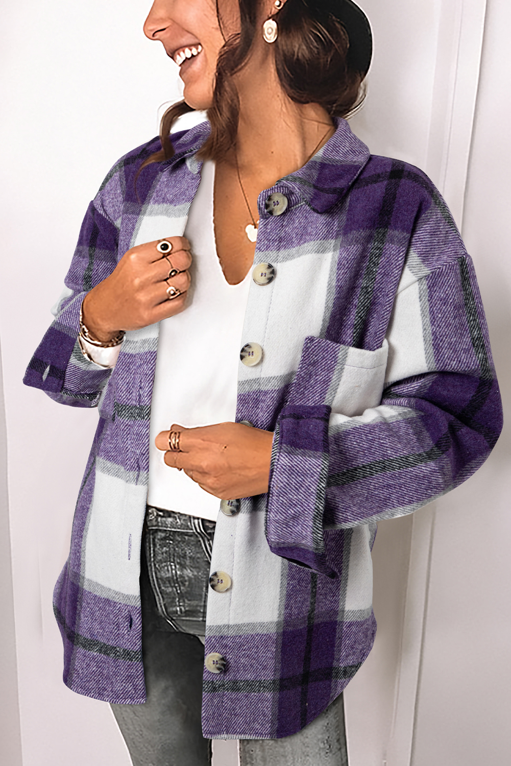 Purple Plaid Color Block Buttoned Long Sleeve Jacket with Pocket
