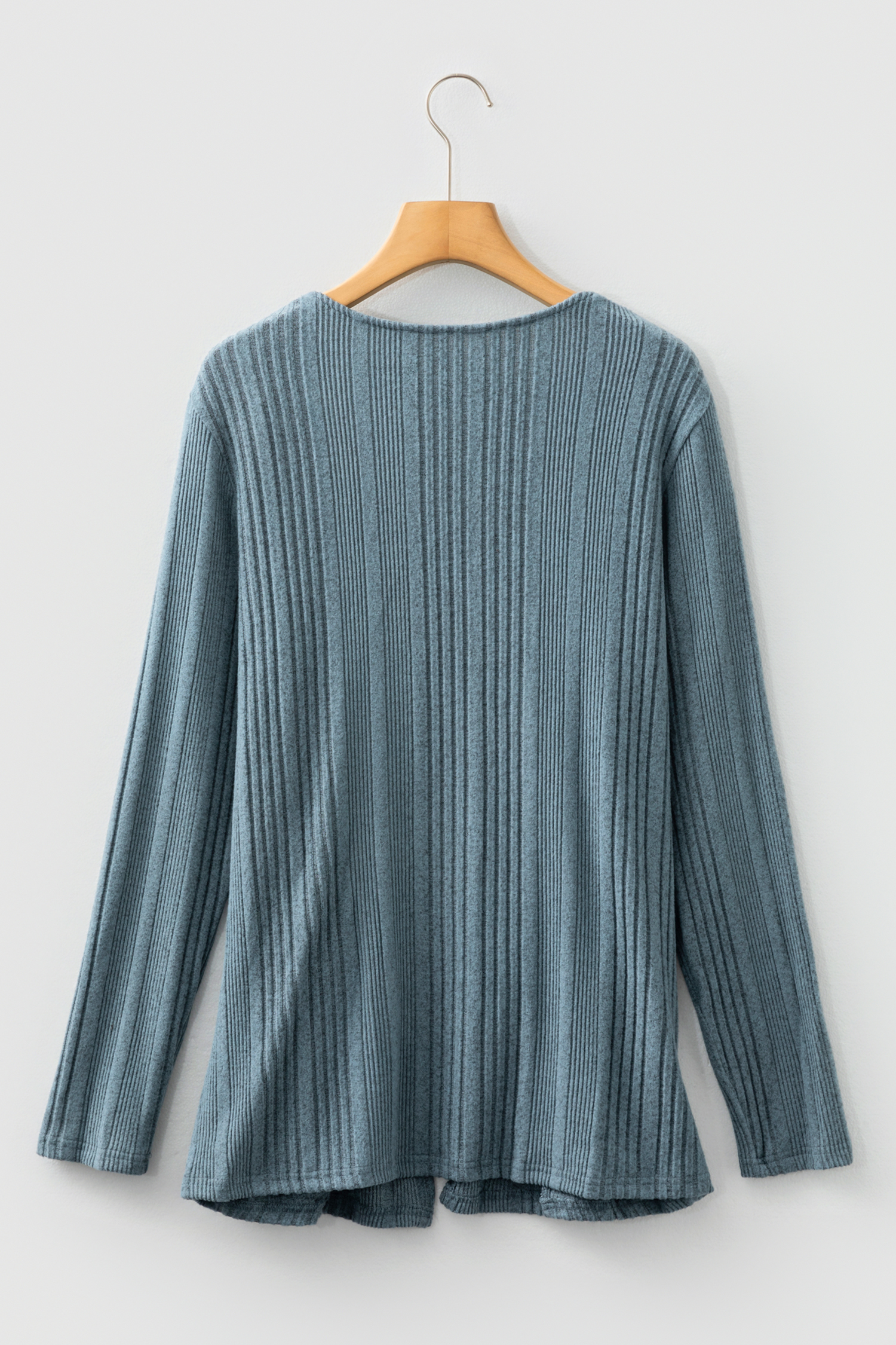 Stone Blue Ribbed Open Front Knitted Top with Pockets
