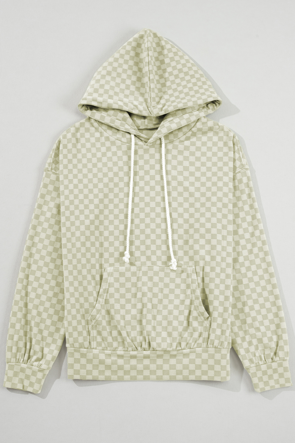 Khaki Checkered Print Kangaroo Pocket Drawstring Hoodie