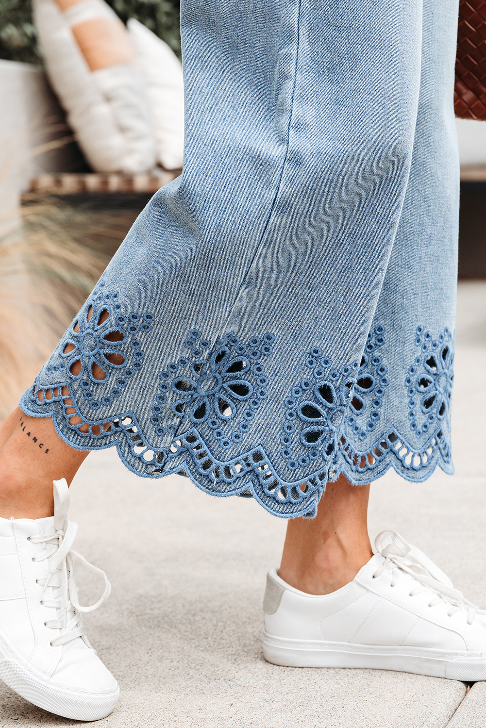 Dusk Blue Embroidered Cropped Wide Leg High Waist Jeans