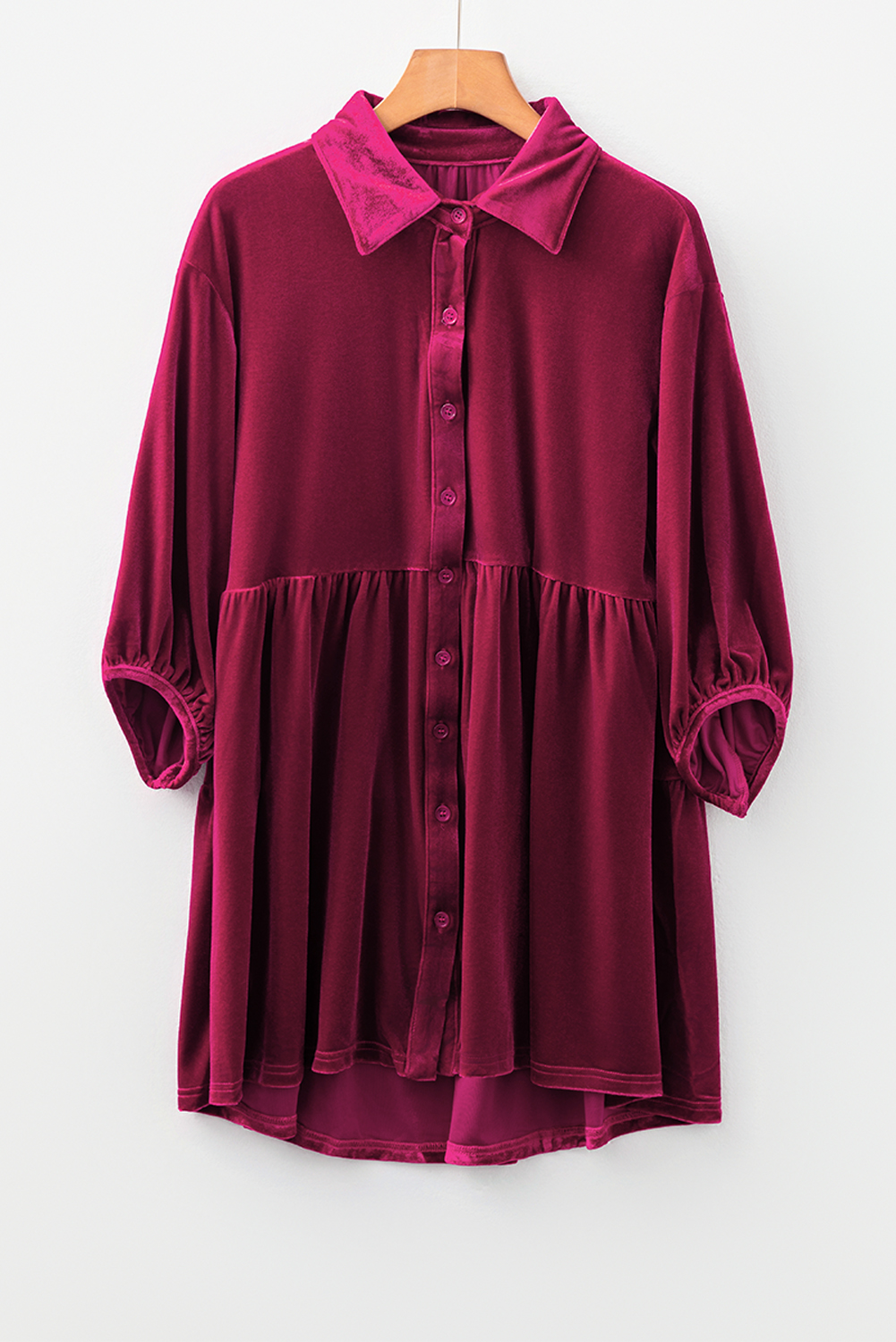 Burgundy 3/4 Sleeve Tunic Babydoll Velvet Shirt