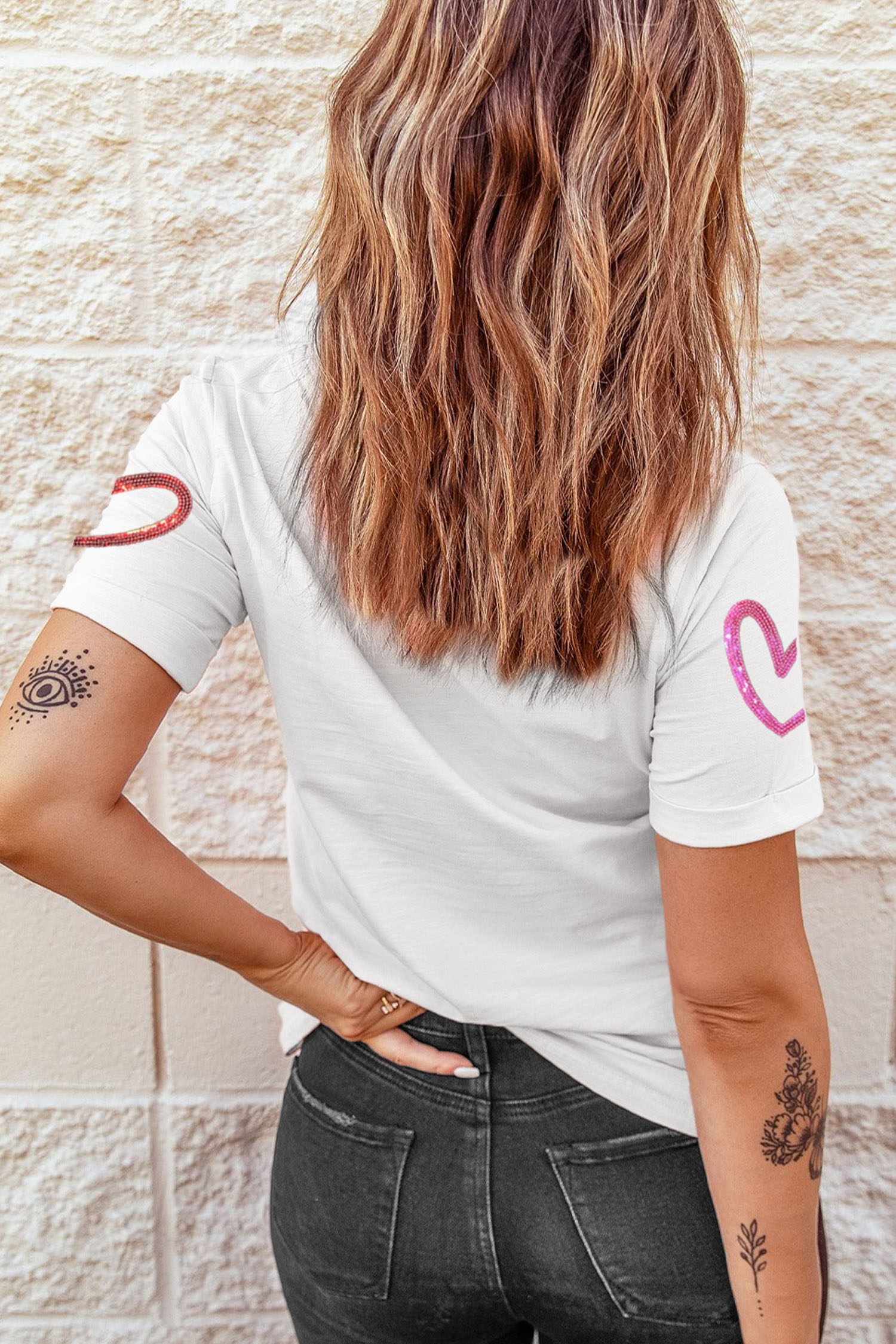 White Sequin Heart Sketch Graphic Womens Casual Tee