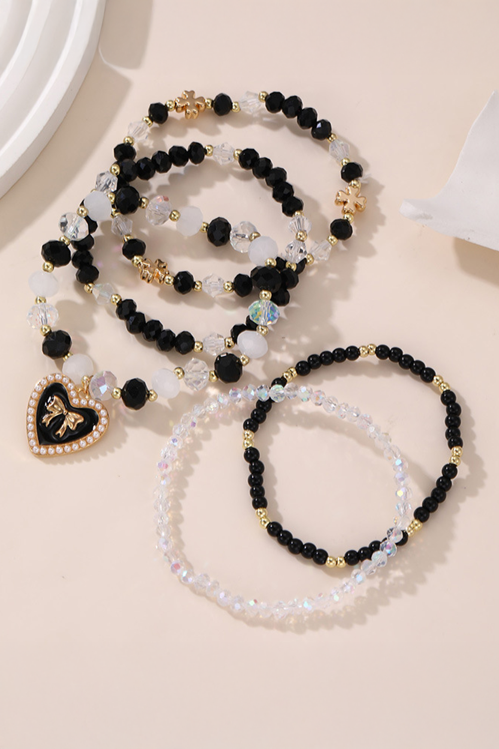 Black Heart Pendant Beaded Layered Bracelets