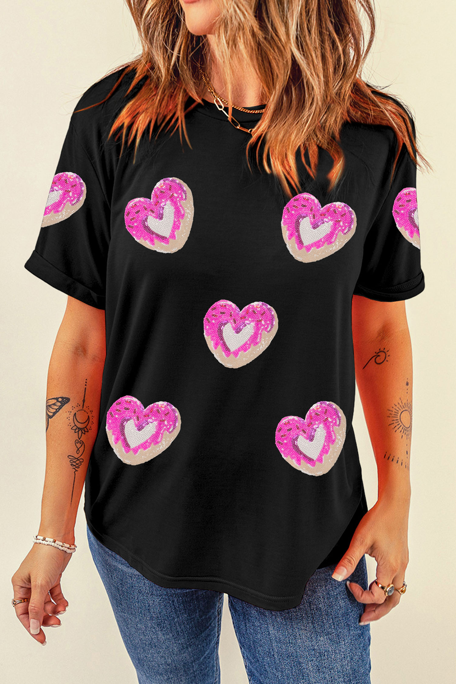 Black Sequin Donut Heart Valentines Graphic Tee
