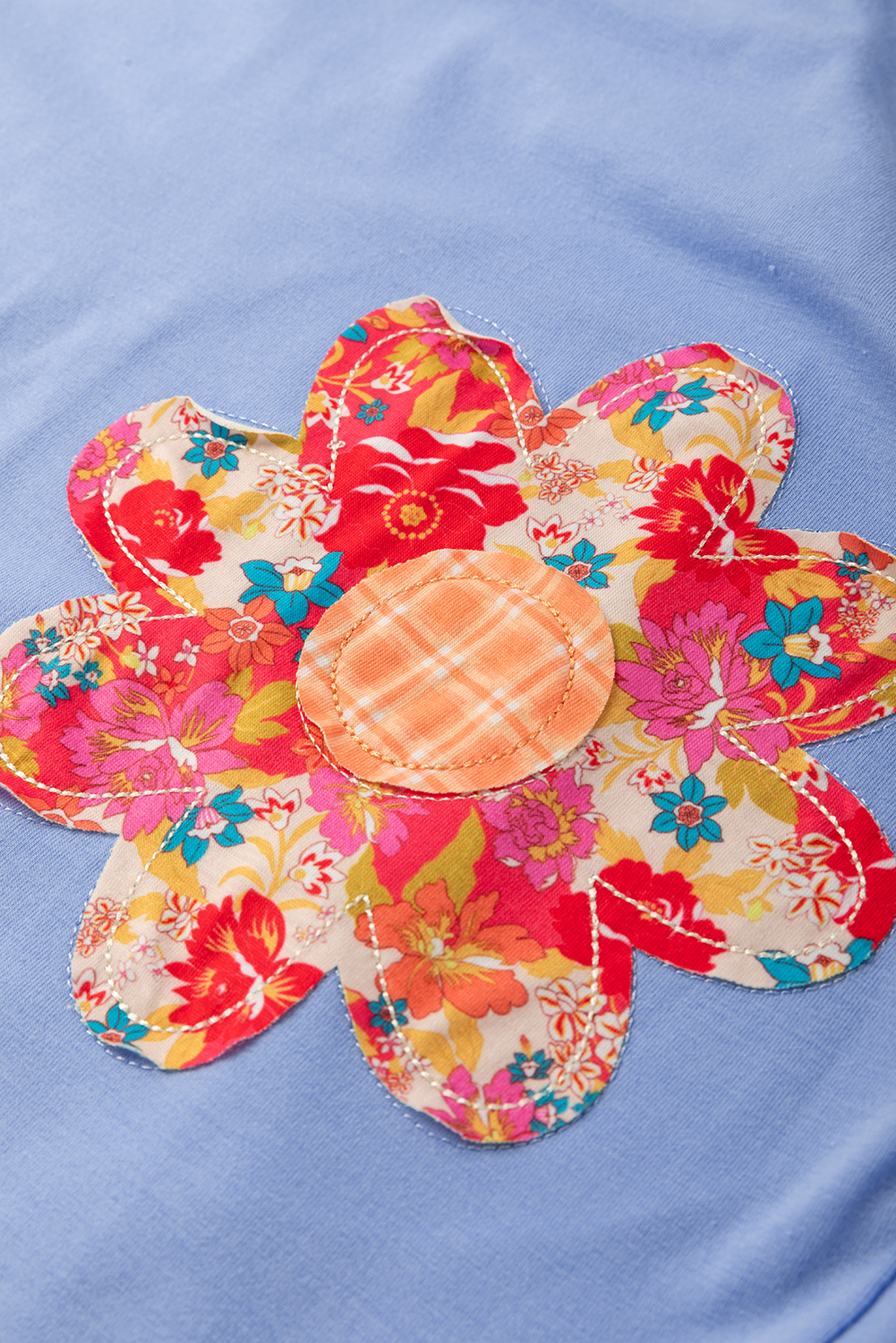 Apricot Flower Patched Exposed Stitching Trim Crew Neck Loose Tee