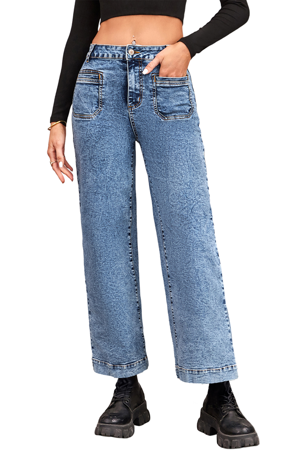 Light Blue Chic Patch Pocket Straight Leg Loose Jeans