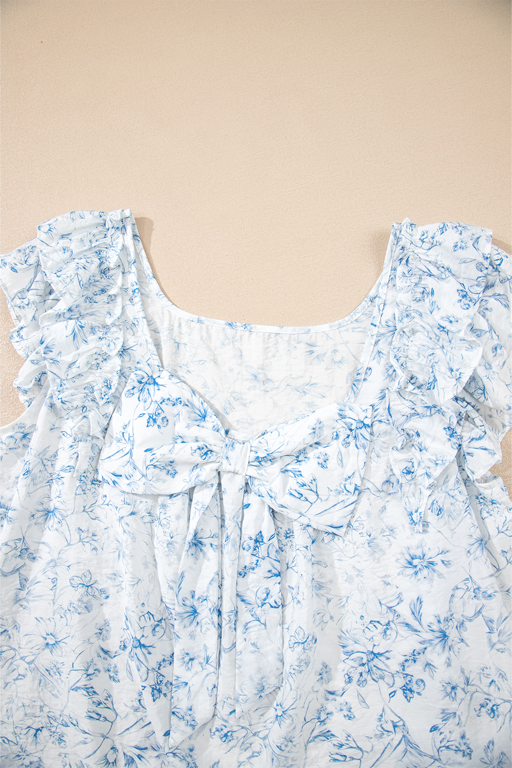 Beau Blue Textured Bow Knot Frilled Butterfly Sleeve Blouse