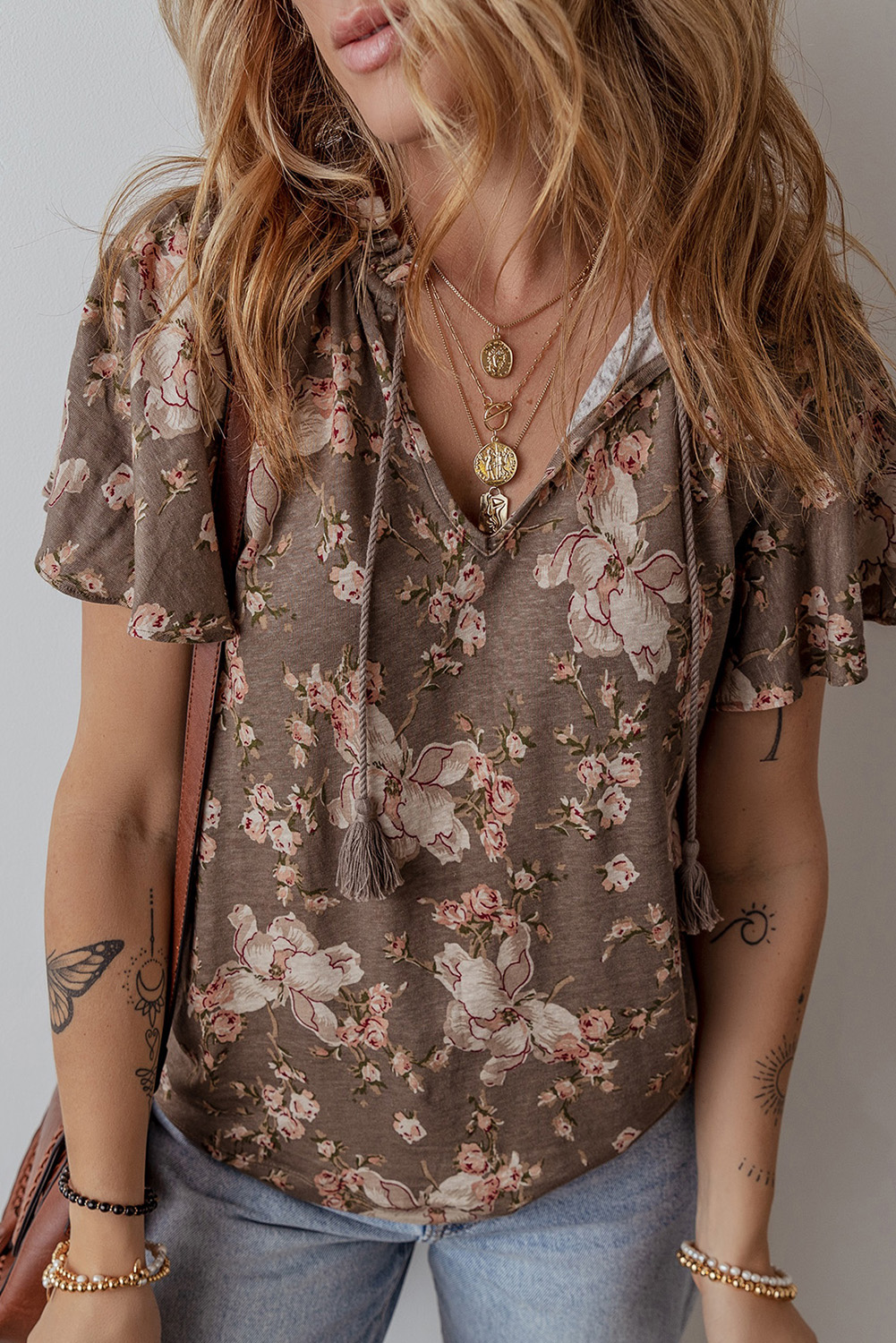 Khaki Retro Floral Print Tassel Tie Split Neck Short Sleeve Blouse