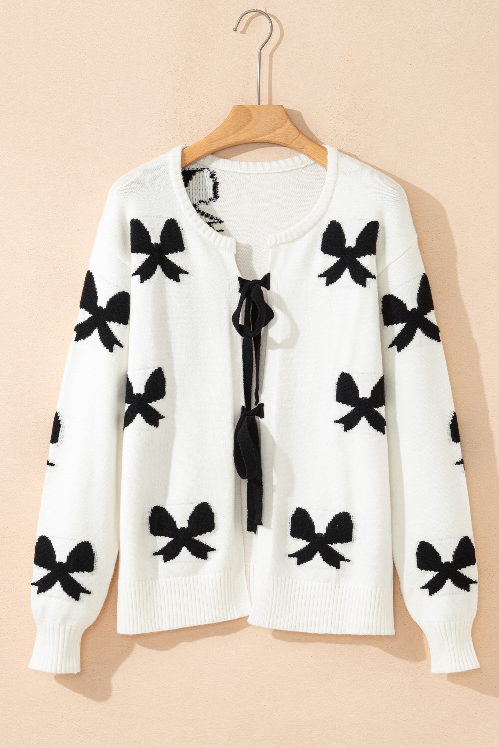 White Lace-up Bow Pattern Sweater Cardigan