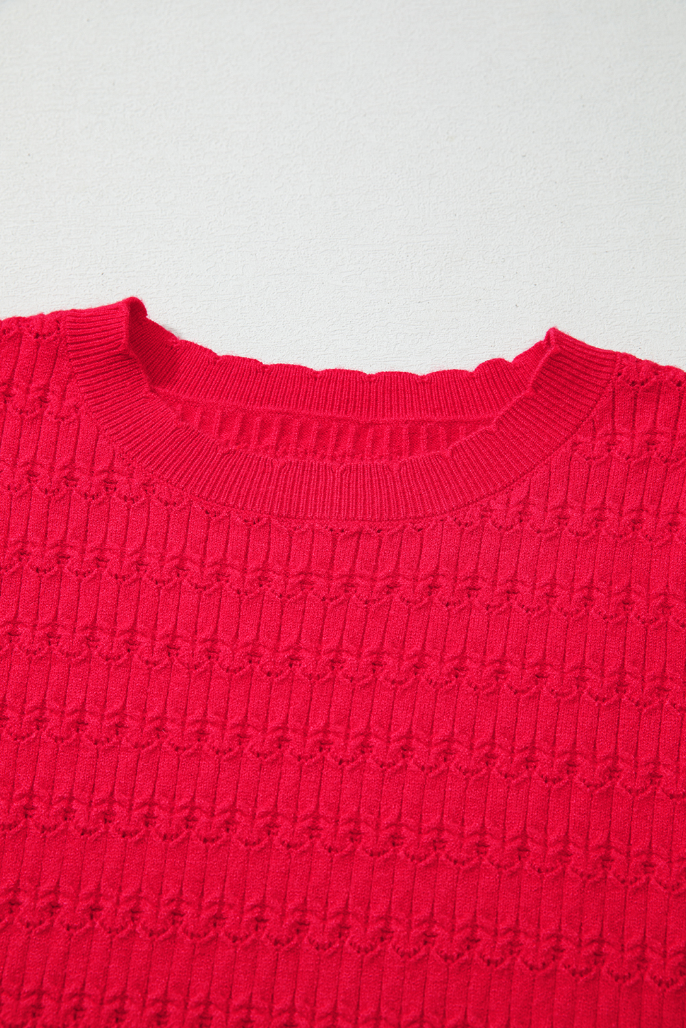 Fiery Red Trendy Pattern Knit Ribbed Cuffs Crew Neck Sweater