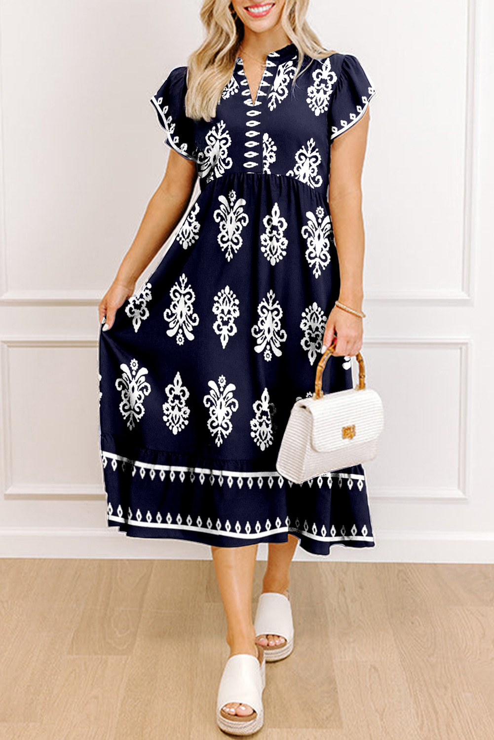 Blue Western Ethnic Print Notched Neck Short Sleeve Midi Dress
