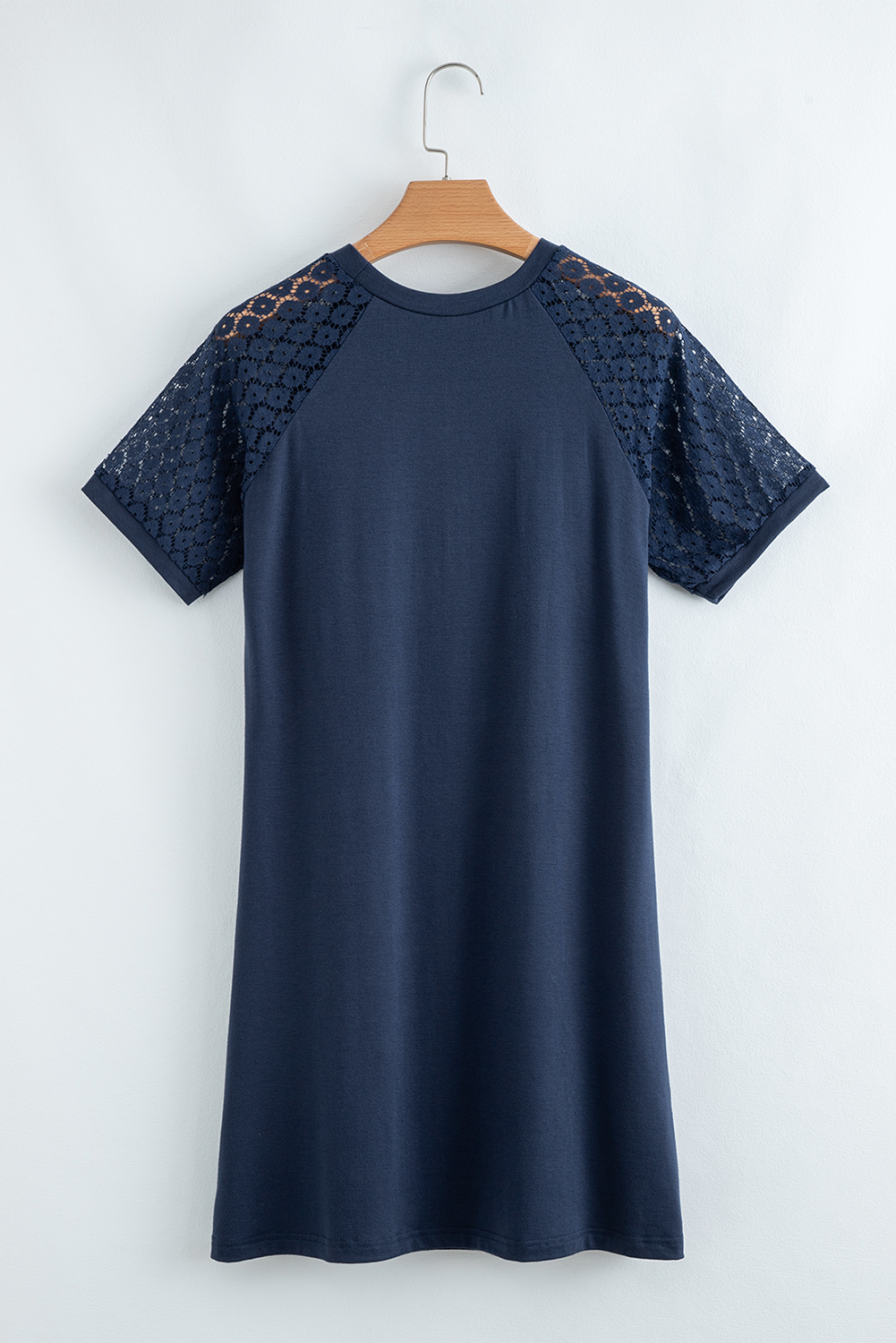 Navy Blue Contrast Lace Raglan Sleeve Pleated Detail Shift Dress