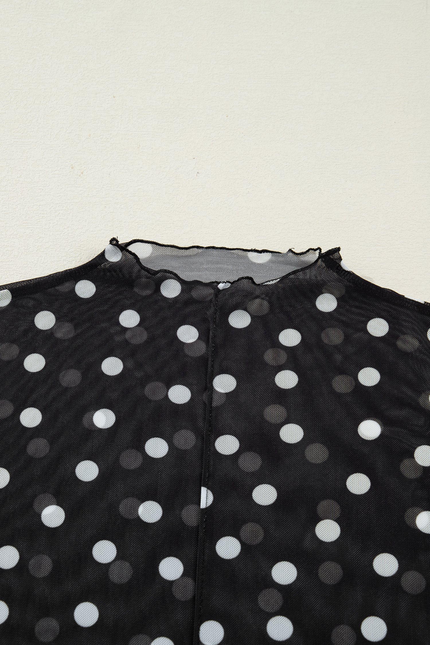 Black Polka Dot Patterned Bodycon Mock Neck Mesh Long Sleeve Top