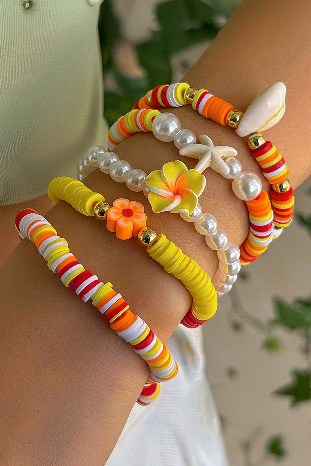 Yellow Starfish Shell Flower Pearl Beaded Multi Layer Bracelet