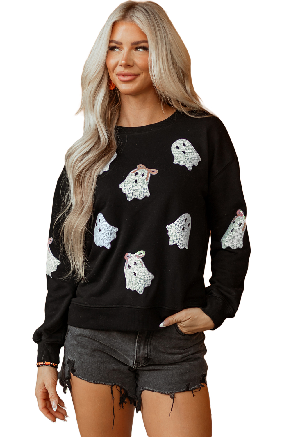 Wisteria Glitter Trim Chenille Ghost Patched Halloween Graphic Tee