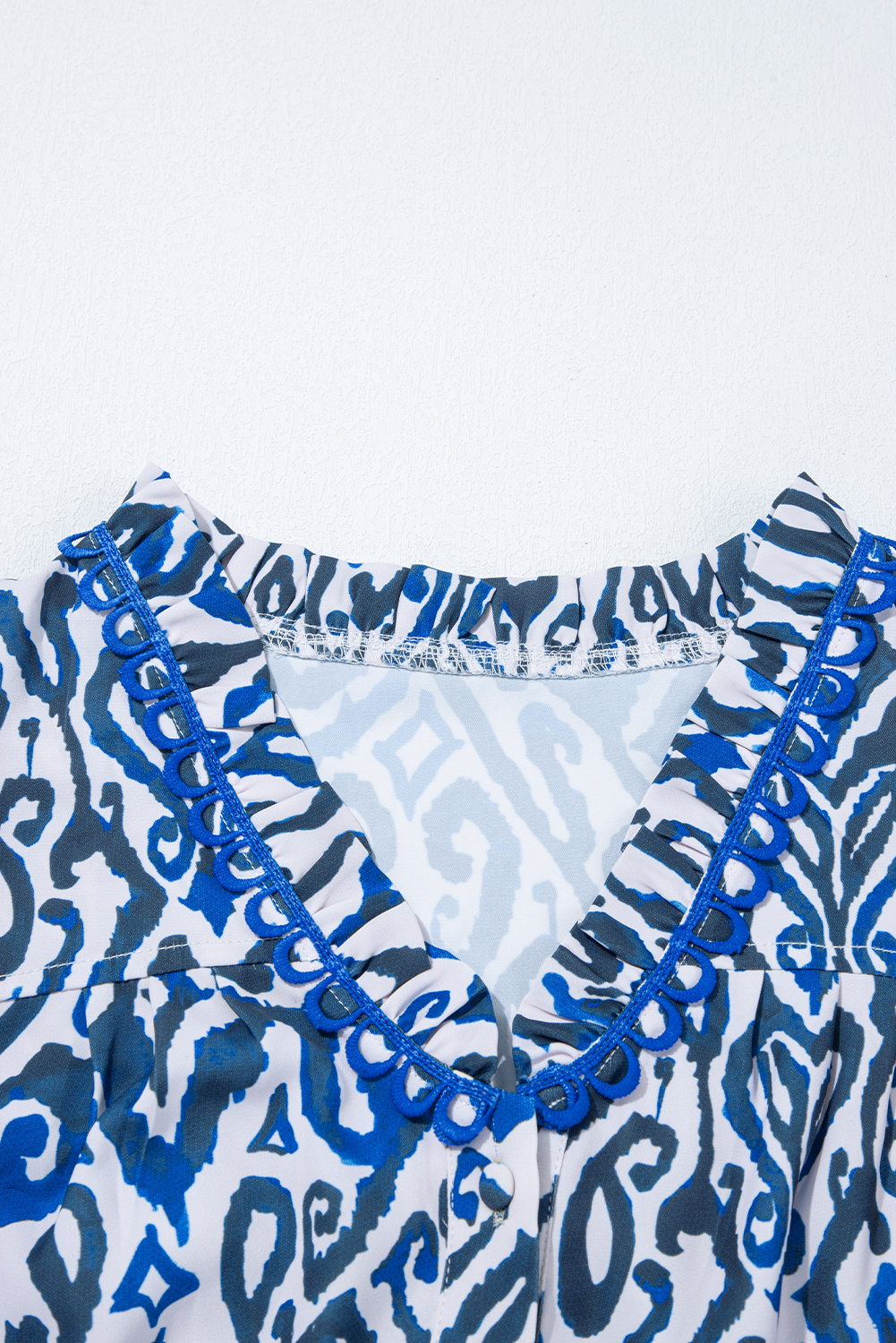 Blue Bohemian Print Embroidered V Neckline Detail Long Sleeve Shirt