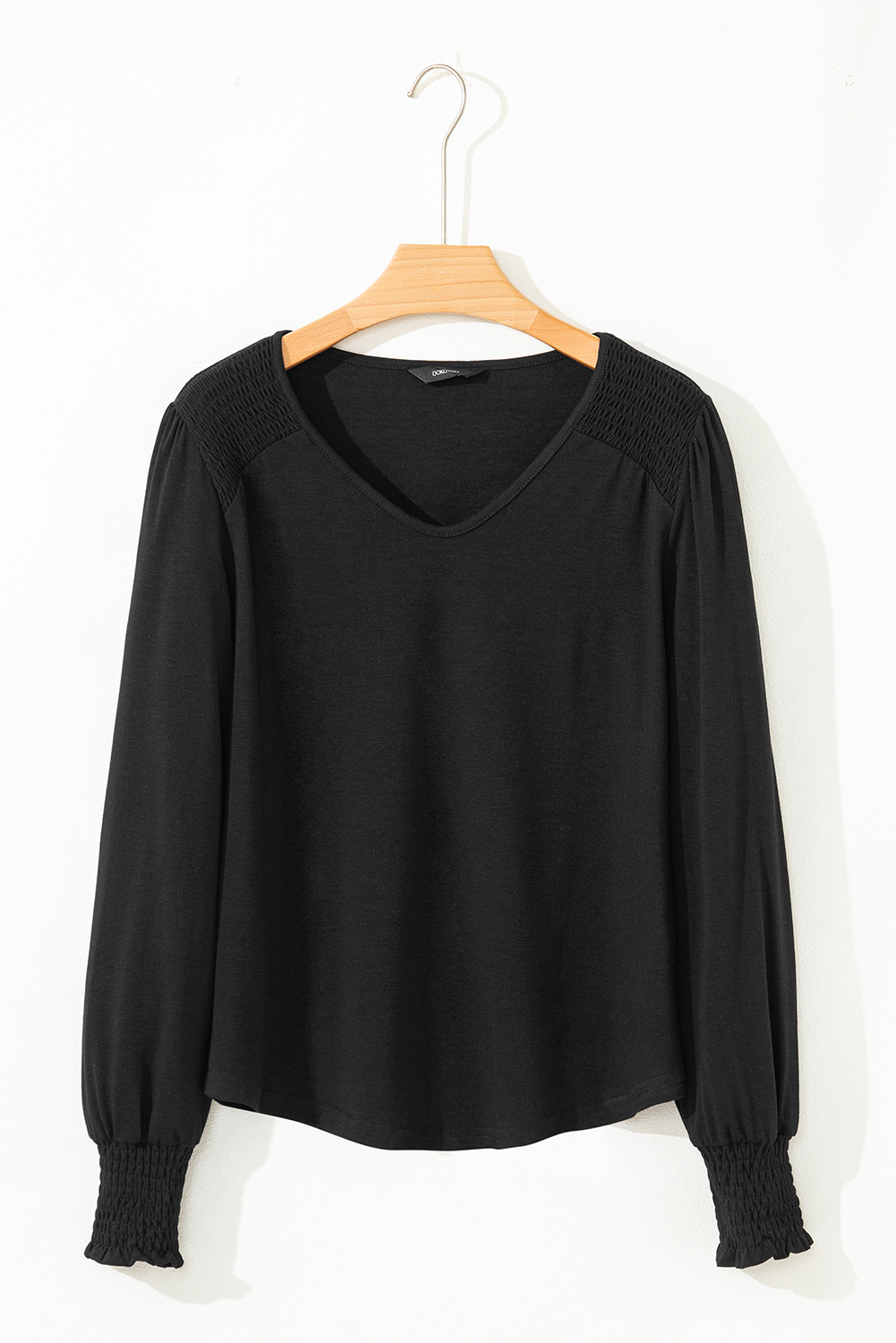 Beige Shirred Shoulder Frilled Cuffs Long Sleeve Top