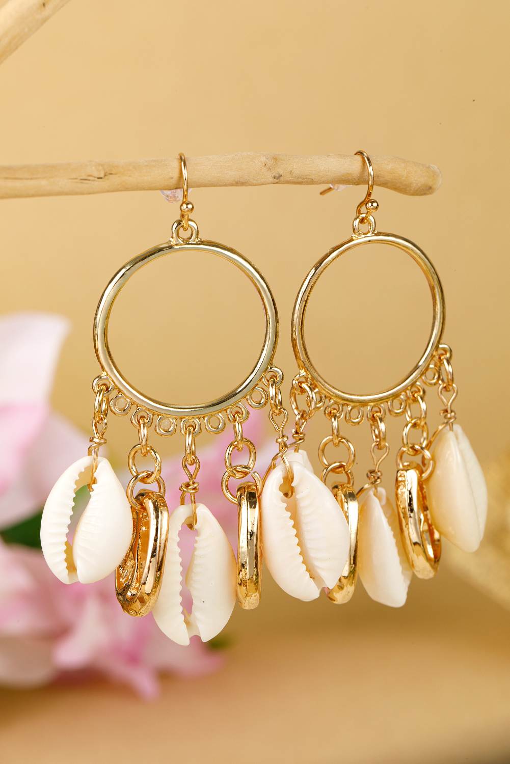 Gold Seashell Charm Hoop Dangle Earrings