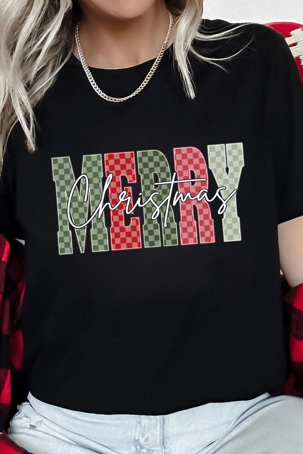 Black Plaid Checkered MERRY Christmas Graphic Crew Neck Tee