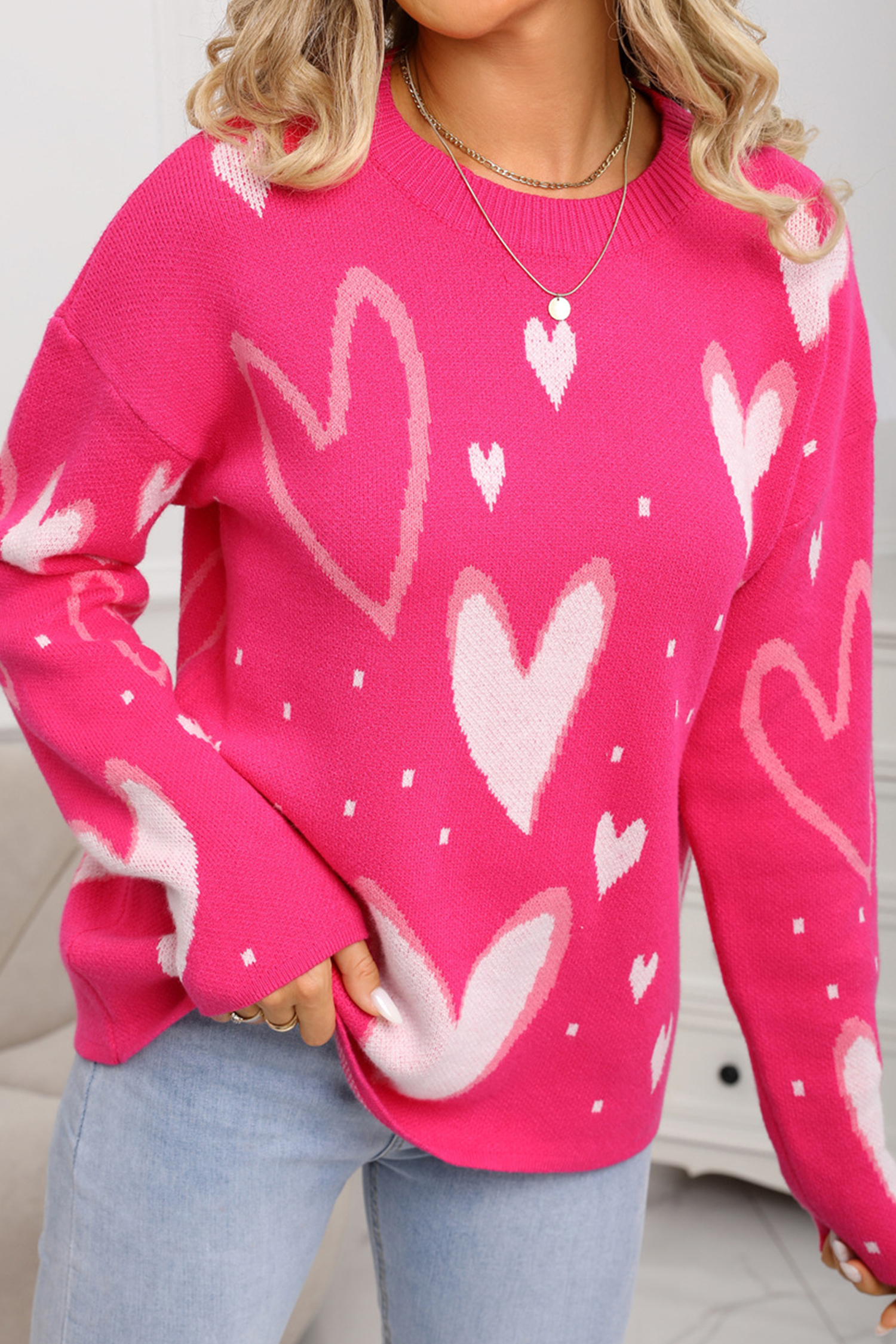 White Splendid Heart Print Valentines Day Sweater