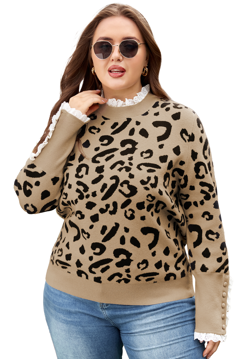 Dearlovers Brown Leopard Pattern Lace Ribbed Detail Button Cuffed Sweater