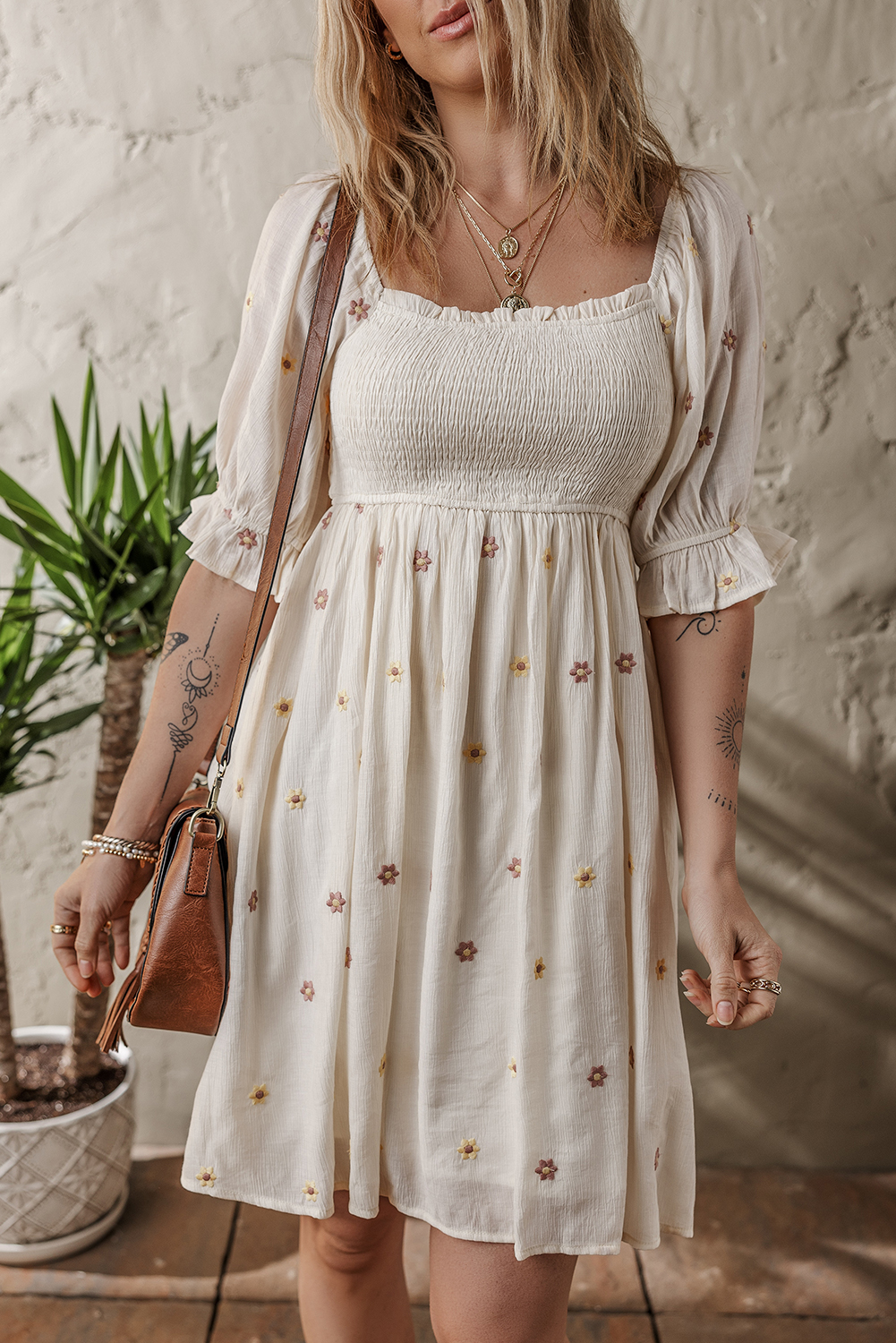 Beige Embroidered Flower Smocked Bust Half Puff Sleeve Empire Waist Textured Flowy Dress