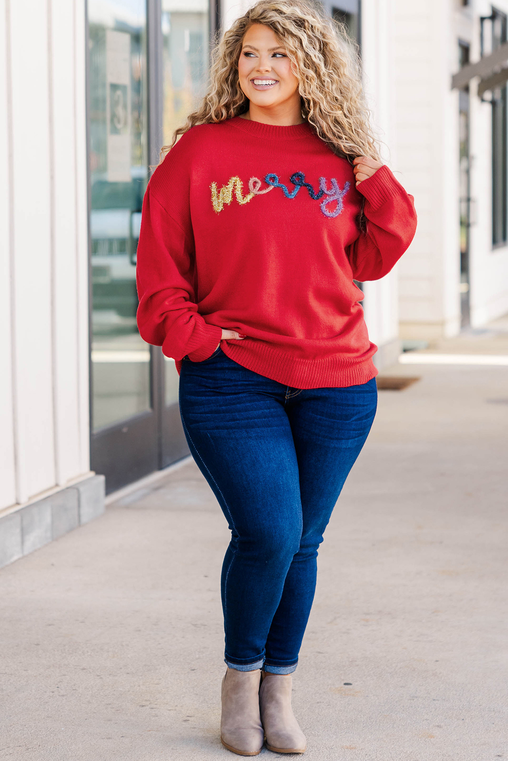 Fiery Red Tinsel Merry Letter Drop Shoulder Baggy Sweater