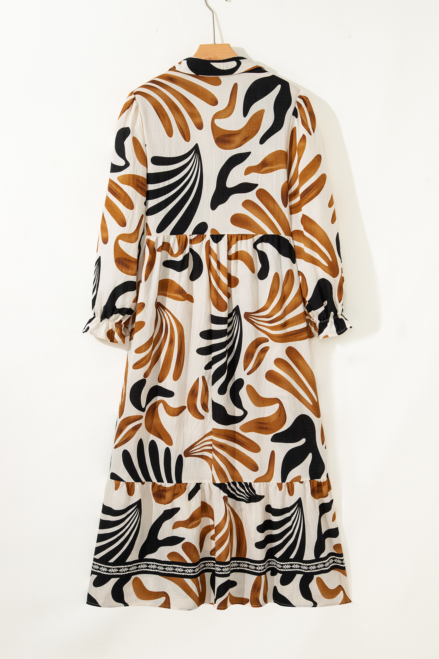 Brown Tropical Printed Contrast Trim Neck Long Sleeve Ruffle Hem Dress