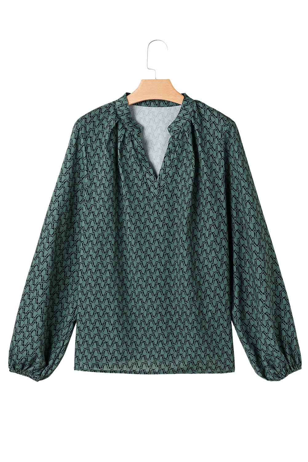 Green Geometric Print Notched Neck Puff Sleeve Blouse