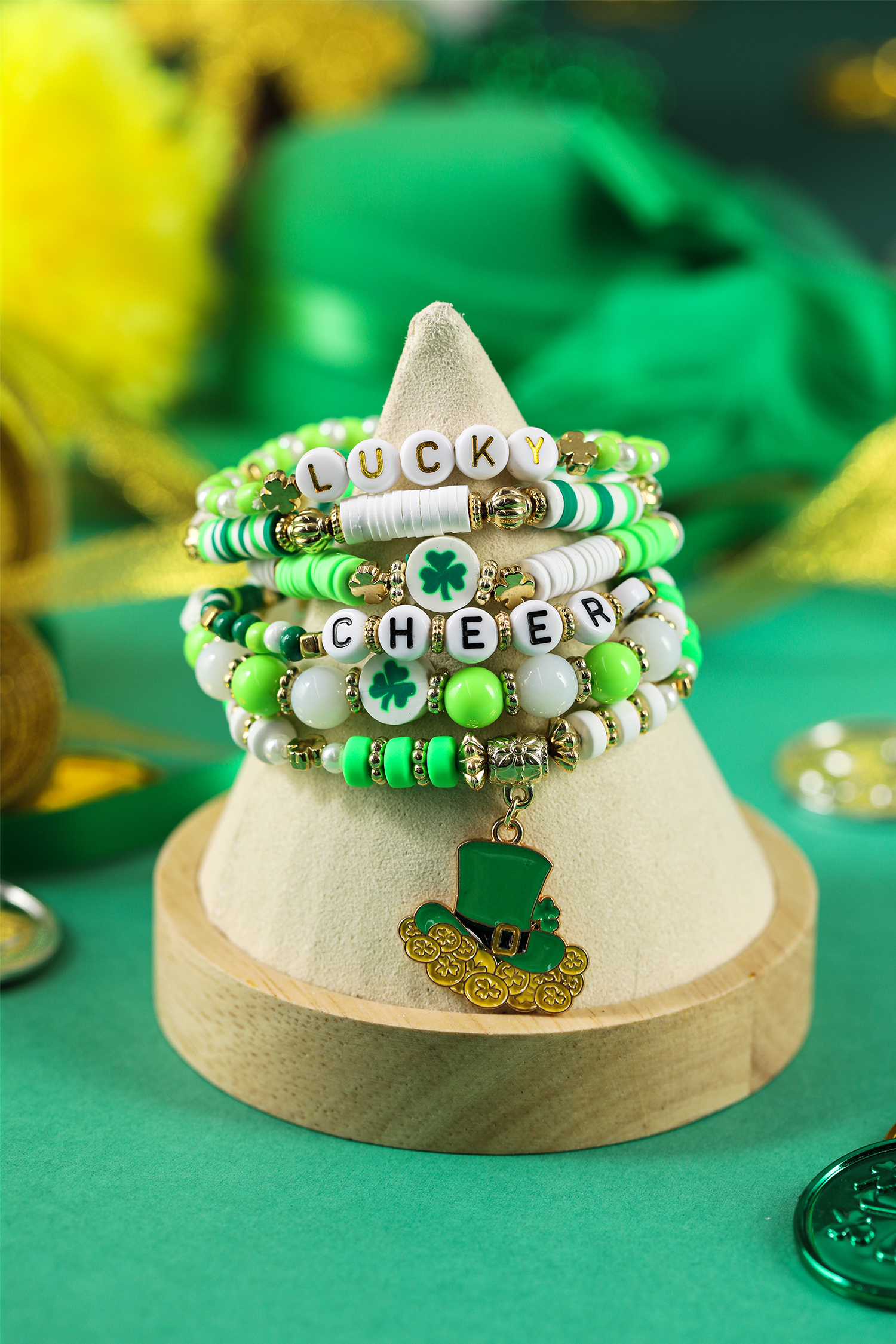 Green LUCKY CHEERS St Patricks Day Multilayered 6pcs Bracelet Set