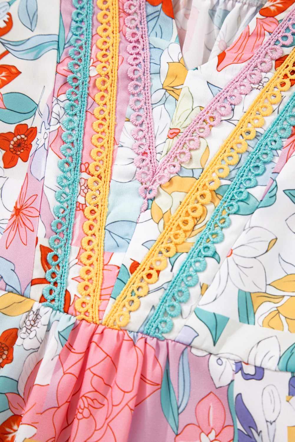 Pink Boho Flower Print Half Puff Sleeve Blouse