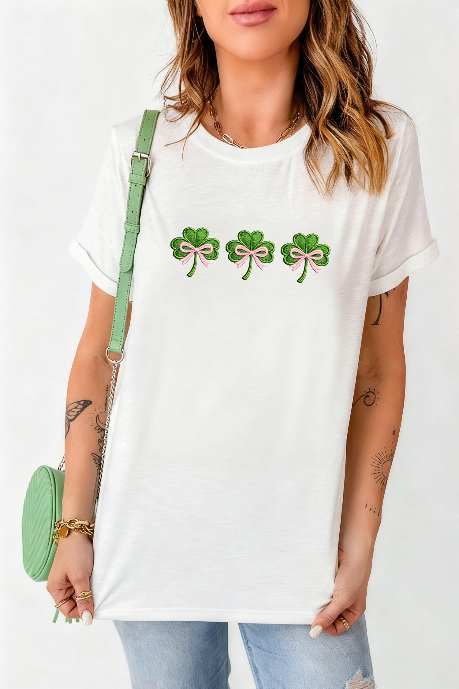 White Ribbon Bow Clover Embroidered Casual T Shirt
