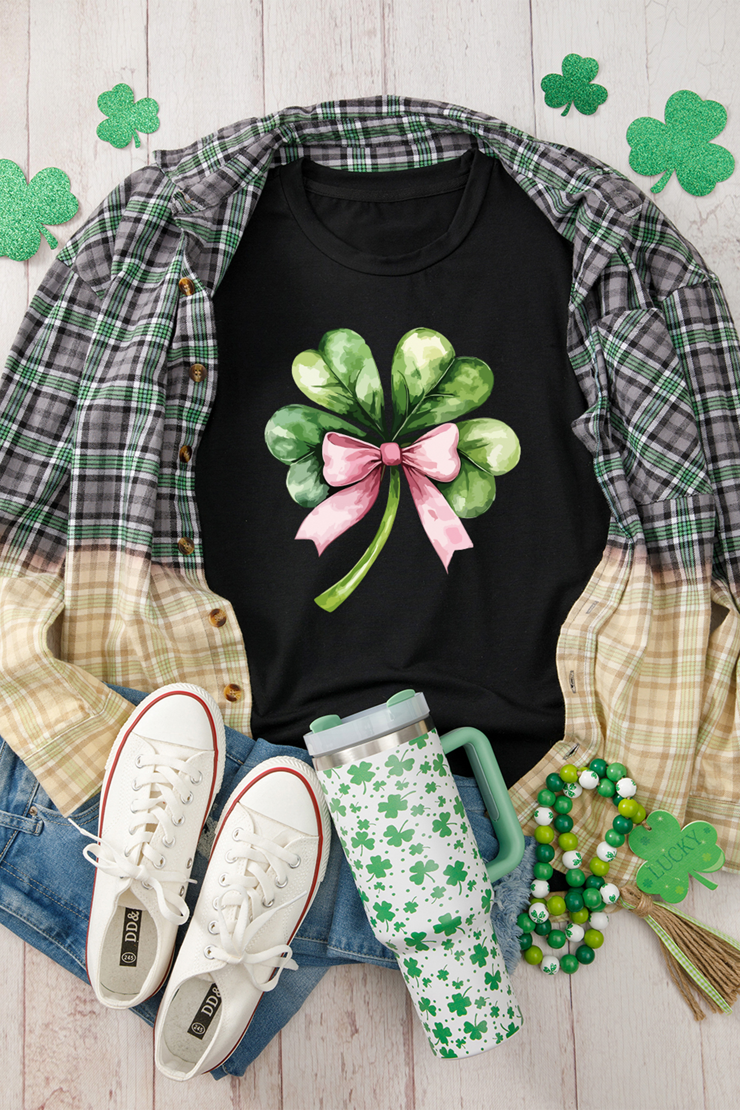 Black Cute Bow Knot Clover Printed Womens Casual Tee