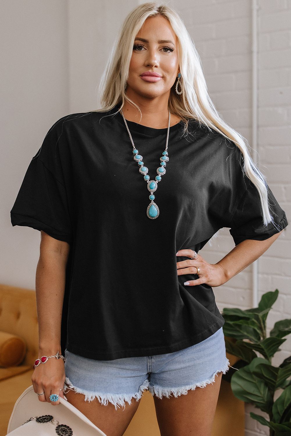 Black Loose Half Sleeve Hi Low Hem T Shirt