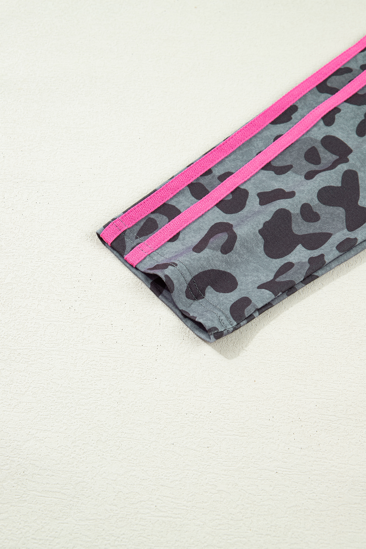 Gray Leopard Print Varsity Striped Trim Long Sleeve Top