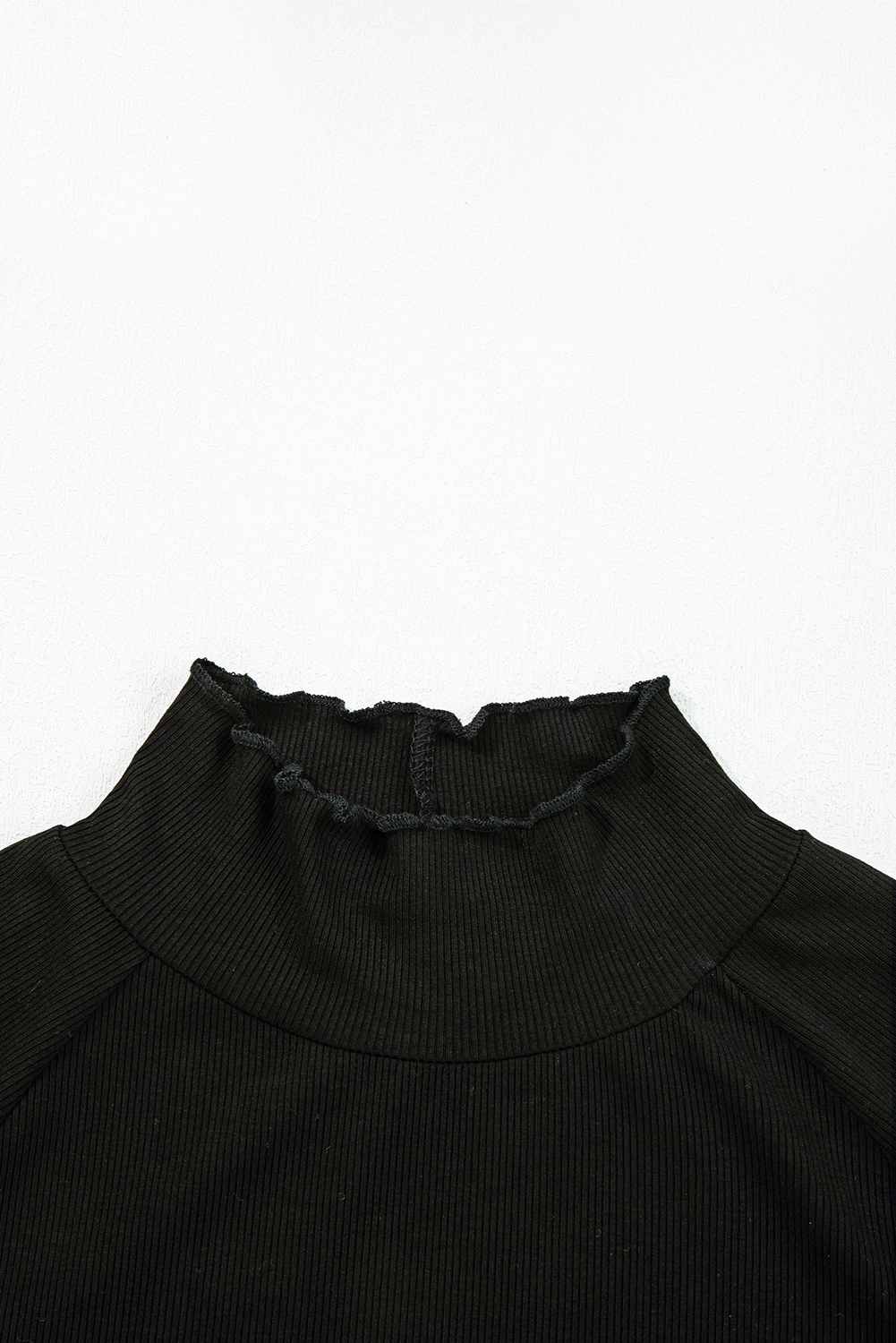 Black Ribbed Knit Lettuce Trim High Neck Long Sleeve Top