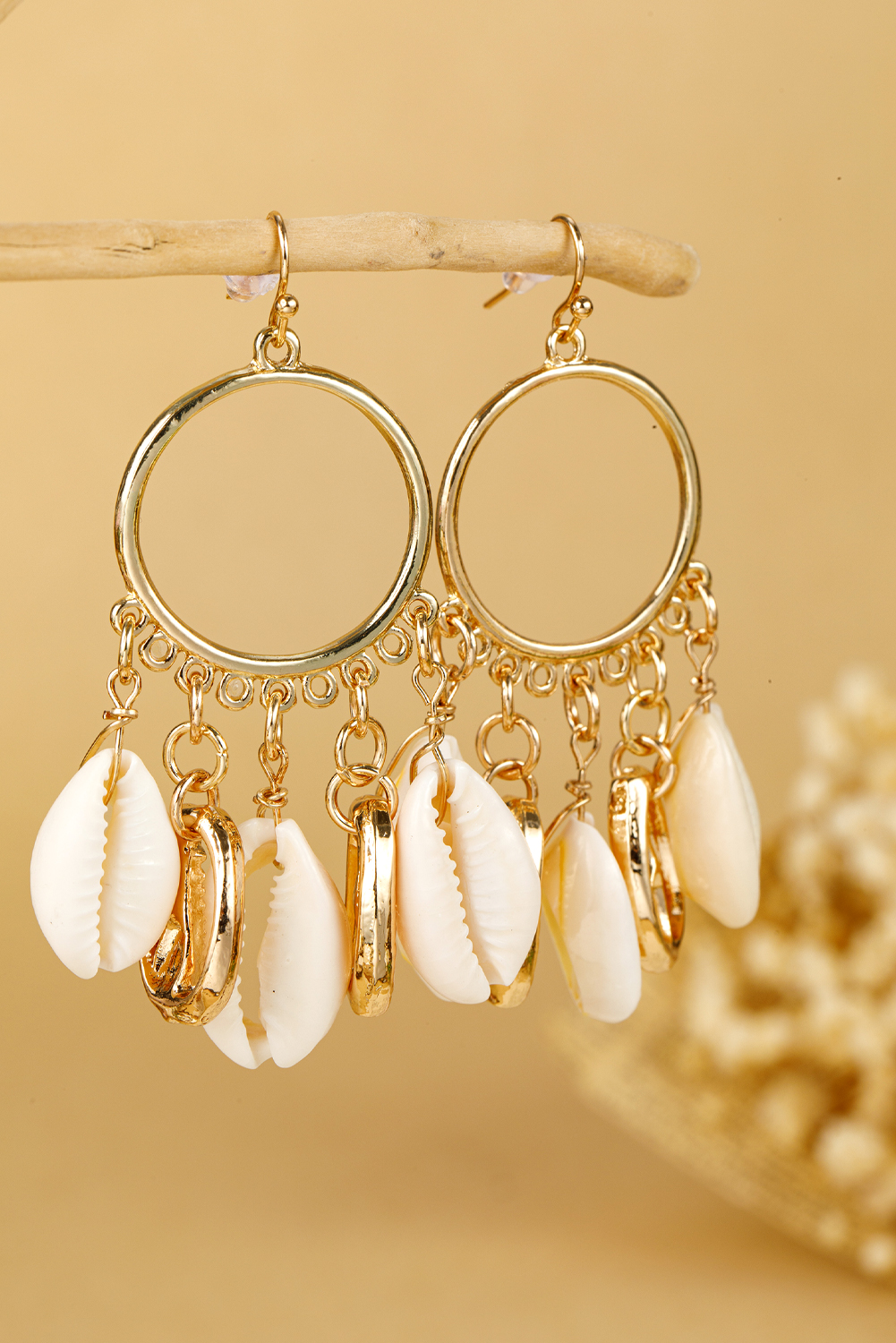 Gold Seashell Charm Hoop Dangle Earrings
