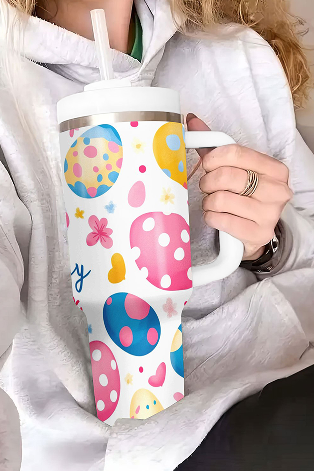 White Happy Easter Bunny Eggs Printed Thermal Tumbler