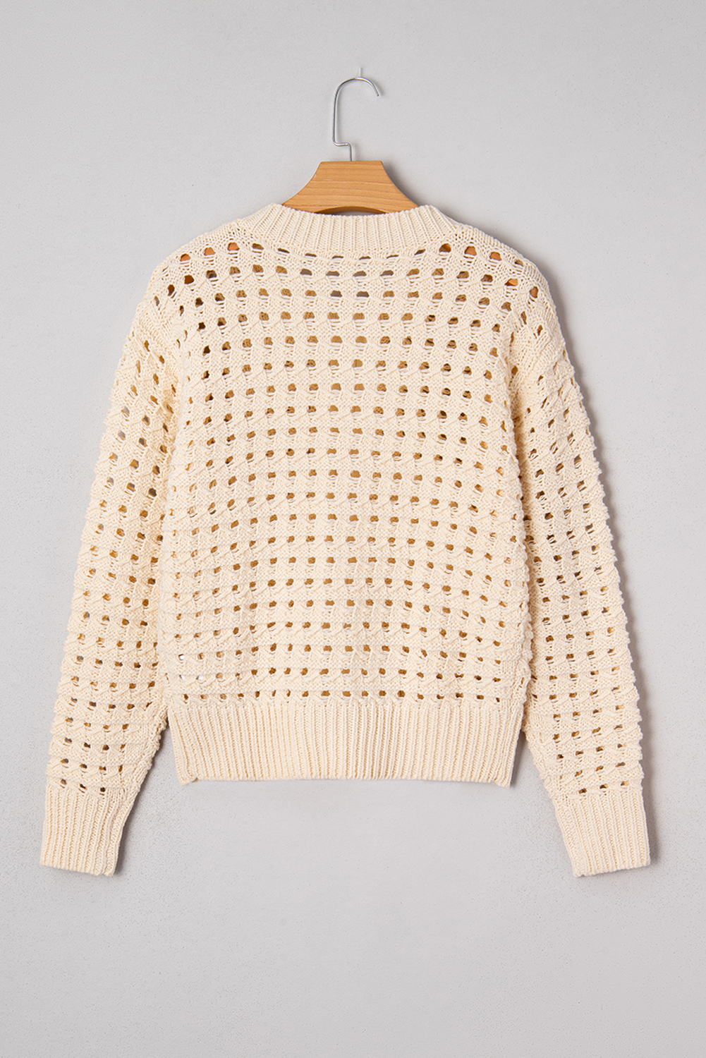 Beige Hollowed Pattern Knit Zip Up Drop Shoulder Sweater Cardigan