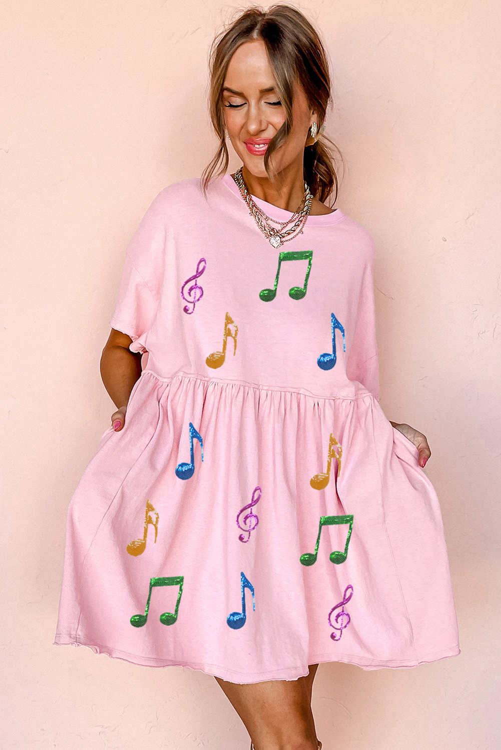Light Pink Sequined Note Pattern Raw Edge Music Festival Babydoll T-shirt Dress