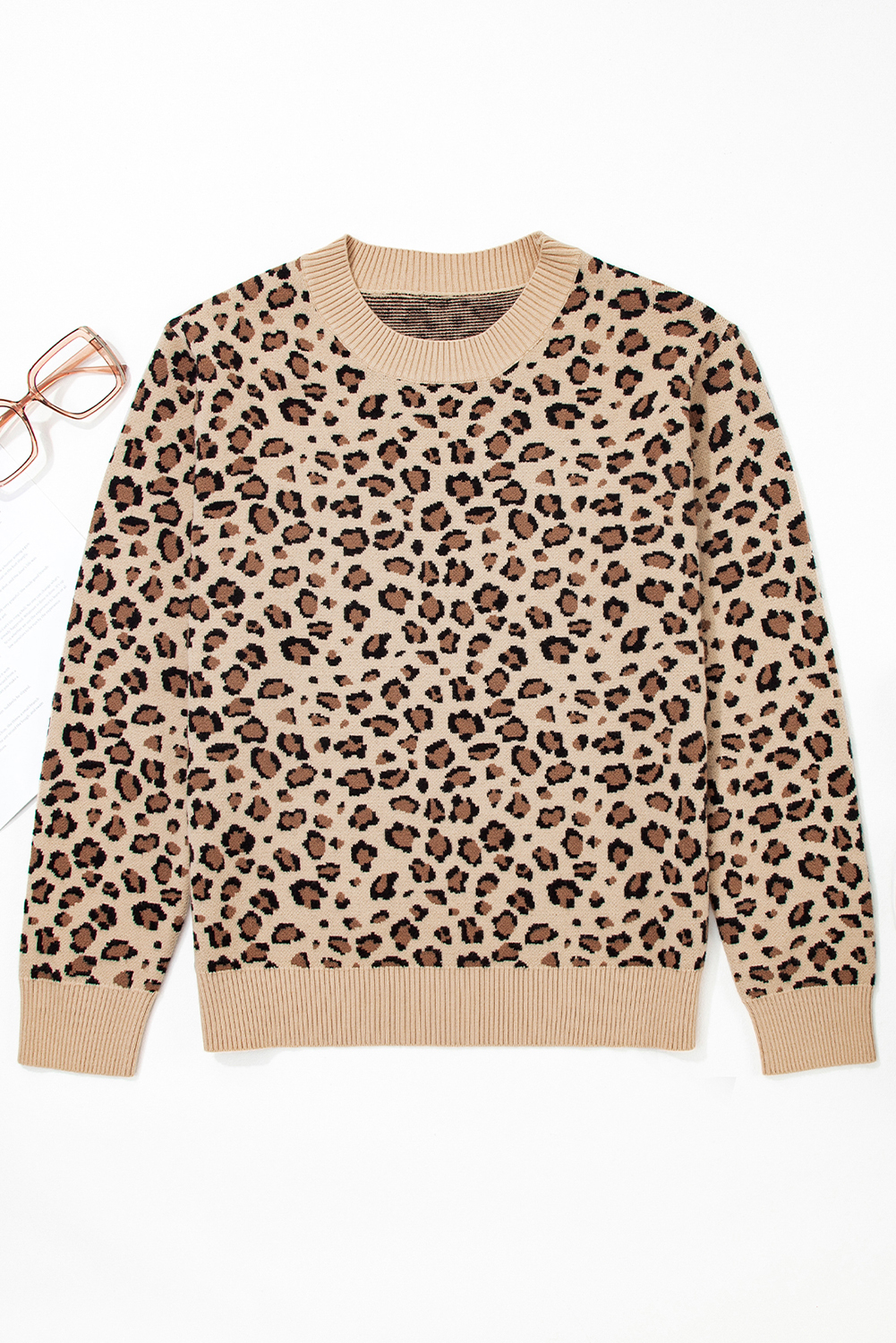 Khaki Leopard Print Dolman Sleeve Sweater